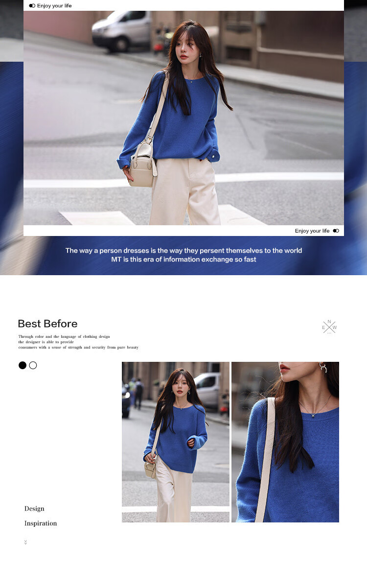 MT Klein Blue Series Spring Simple Style Crew Neck Rolled Sleeve Lazy Comfortable Knit Sweater for Women 4