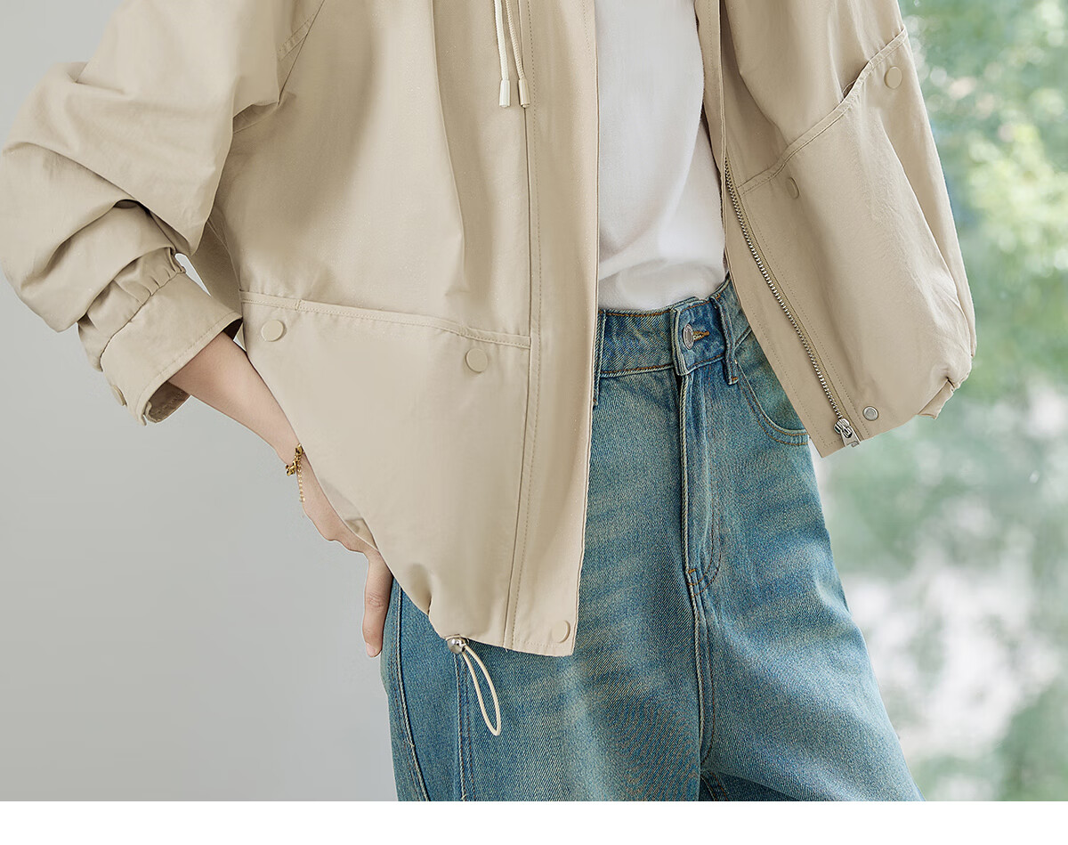 Chushen Spring and Autumn Short Jacket for Women with Hood, Exquisite Pocket Design, Versatile Loose Casual Top Coat S143U2011 14