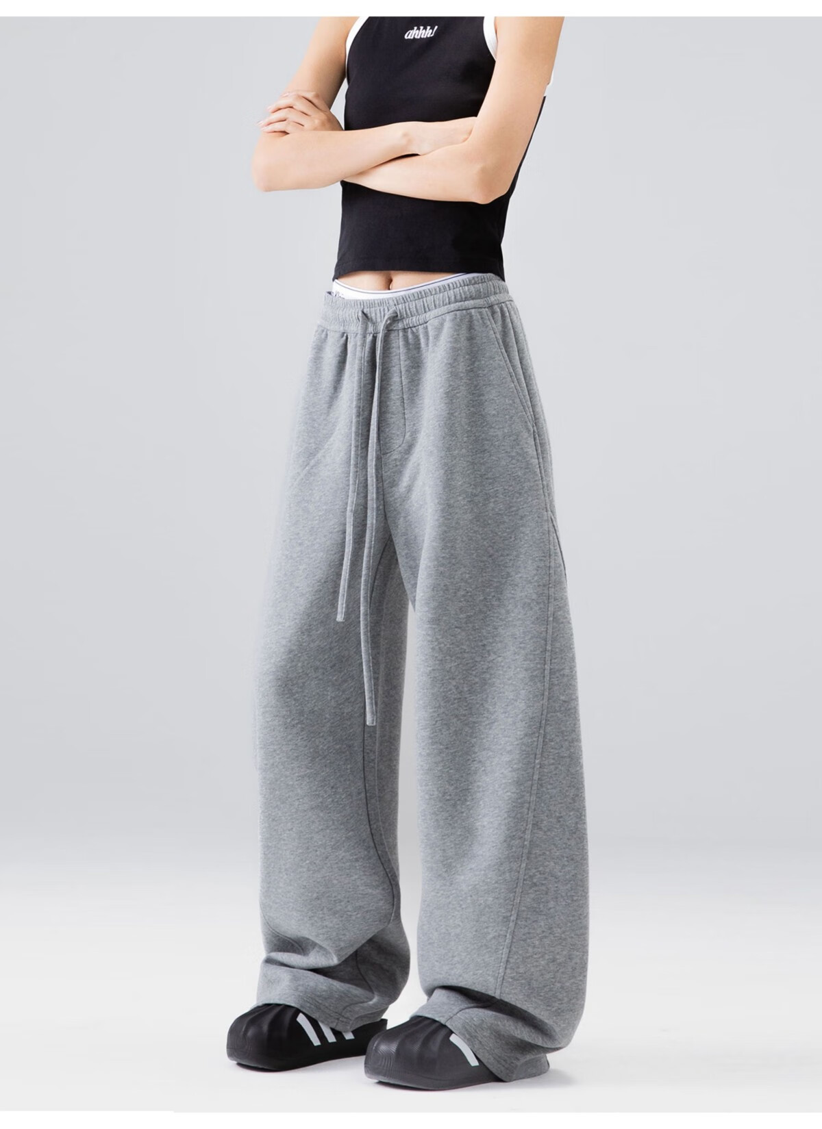 ICH MODE Women's American Style Sweatpants Sports Pants Spring Autumn New Loose Wide-Leg Casual Pants Curved Cut Navy Blue L 2