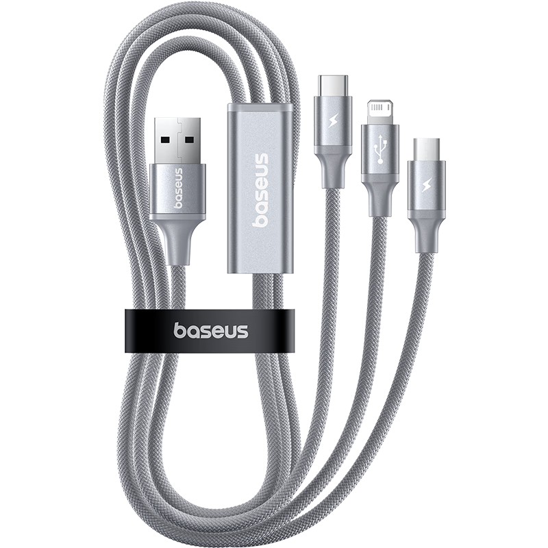 Baseus 3-in-1 Fast Charging Cable 100W Compatible with Apple Type-C Android iPhone 14/13/12 Pro Max/XR/Xs/11/8 Car Charger 1.8m Gray