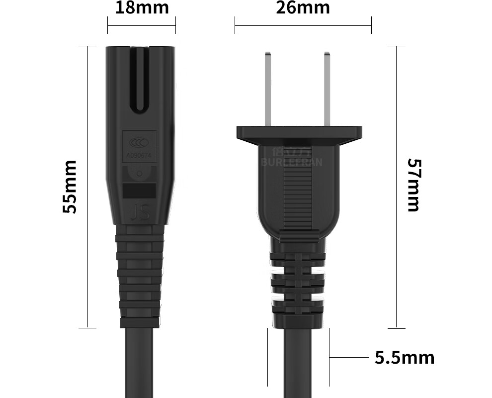 BURLEFRAN Standard Two-Prong Figure-8 Power Cord with Dual Hole Connector for Apple TV/P4/5/Mac Mini/Printer/Digital Camera/Speaker Power Cable 1.5m 11