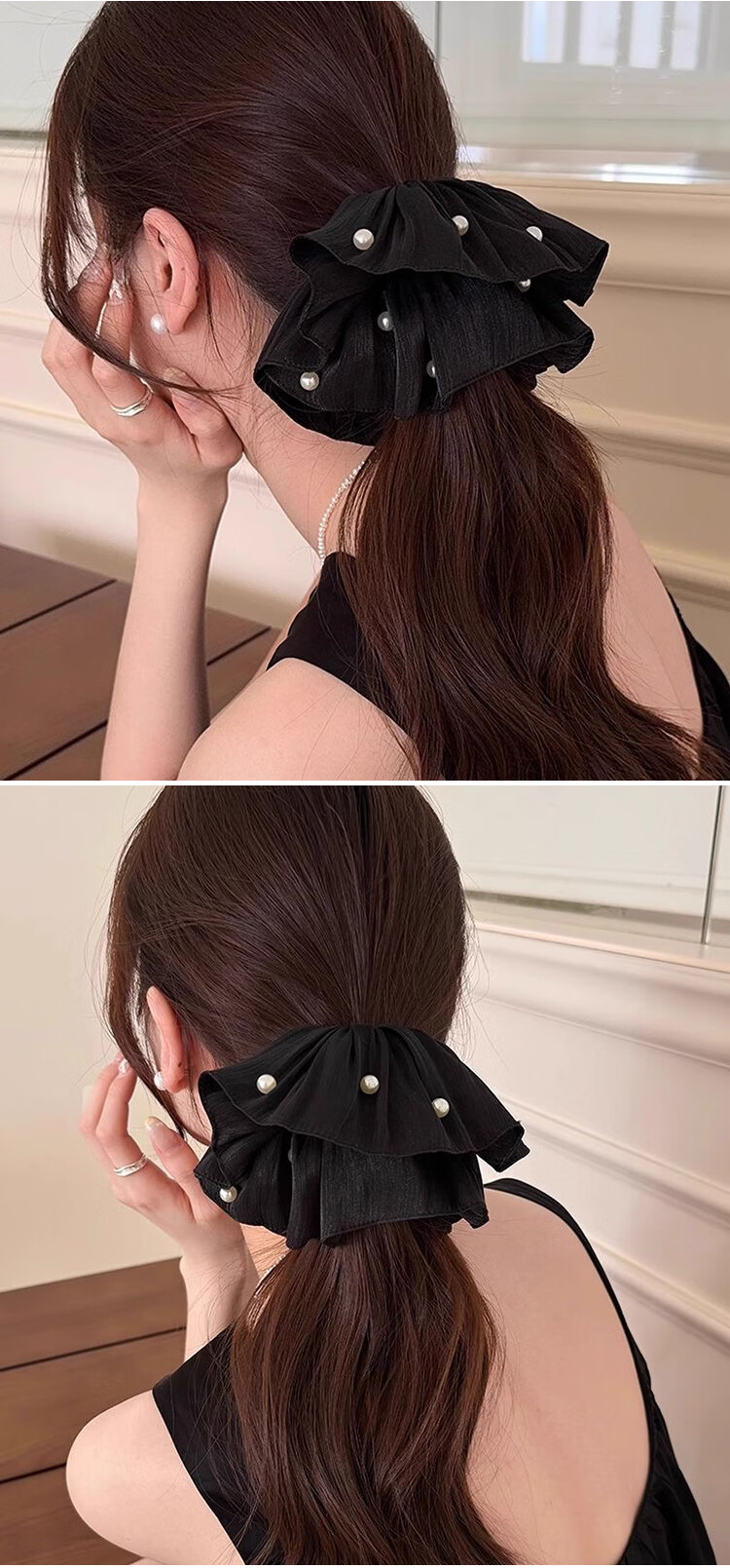LiQing Four-Layer Lace Pearl Hair Tie [Black Large] Sweet Big Scrunchie Hollow Out Hair Accessory 5