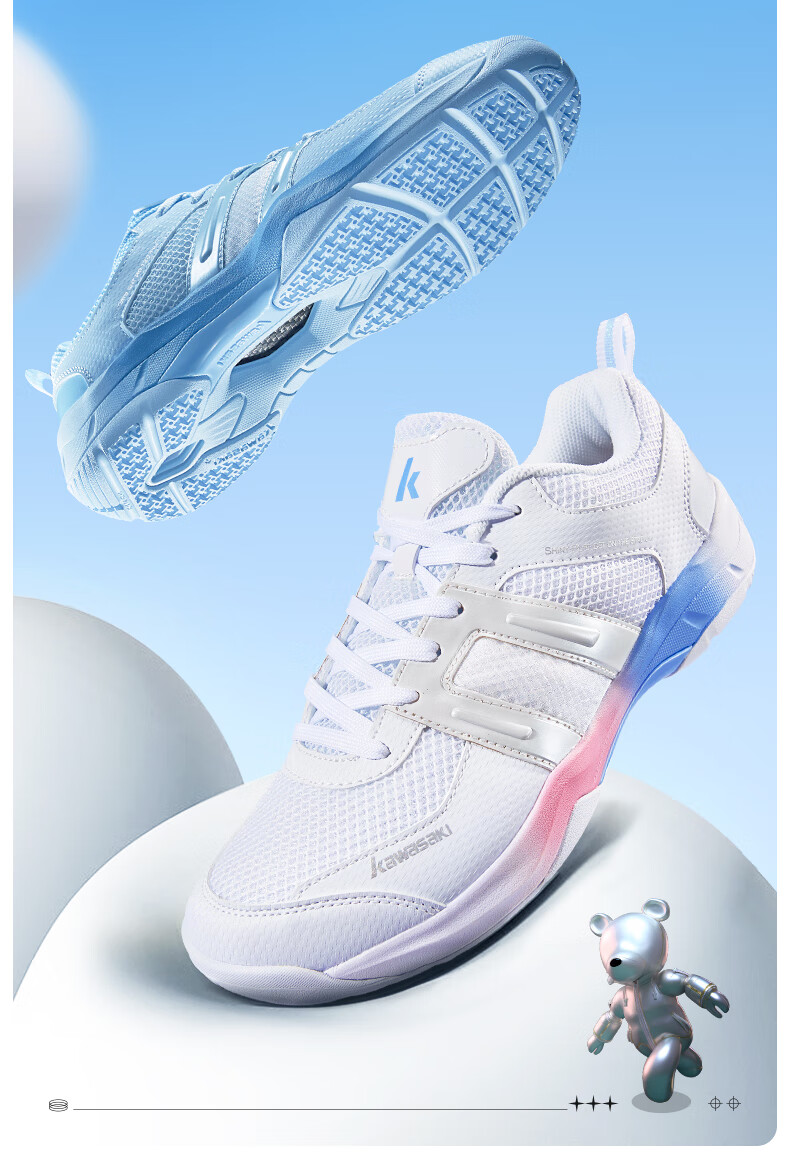 KAWASAKI Badminton Shoes for Men And Women, Shock-Absorbing, Wear-Resistant, Breathable Sports Shoes Puff K-073d Plus Rainbow White 41 2