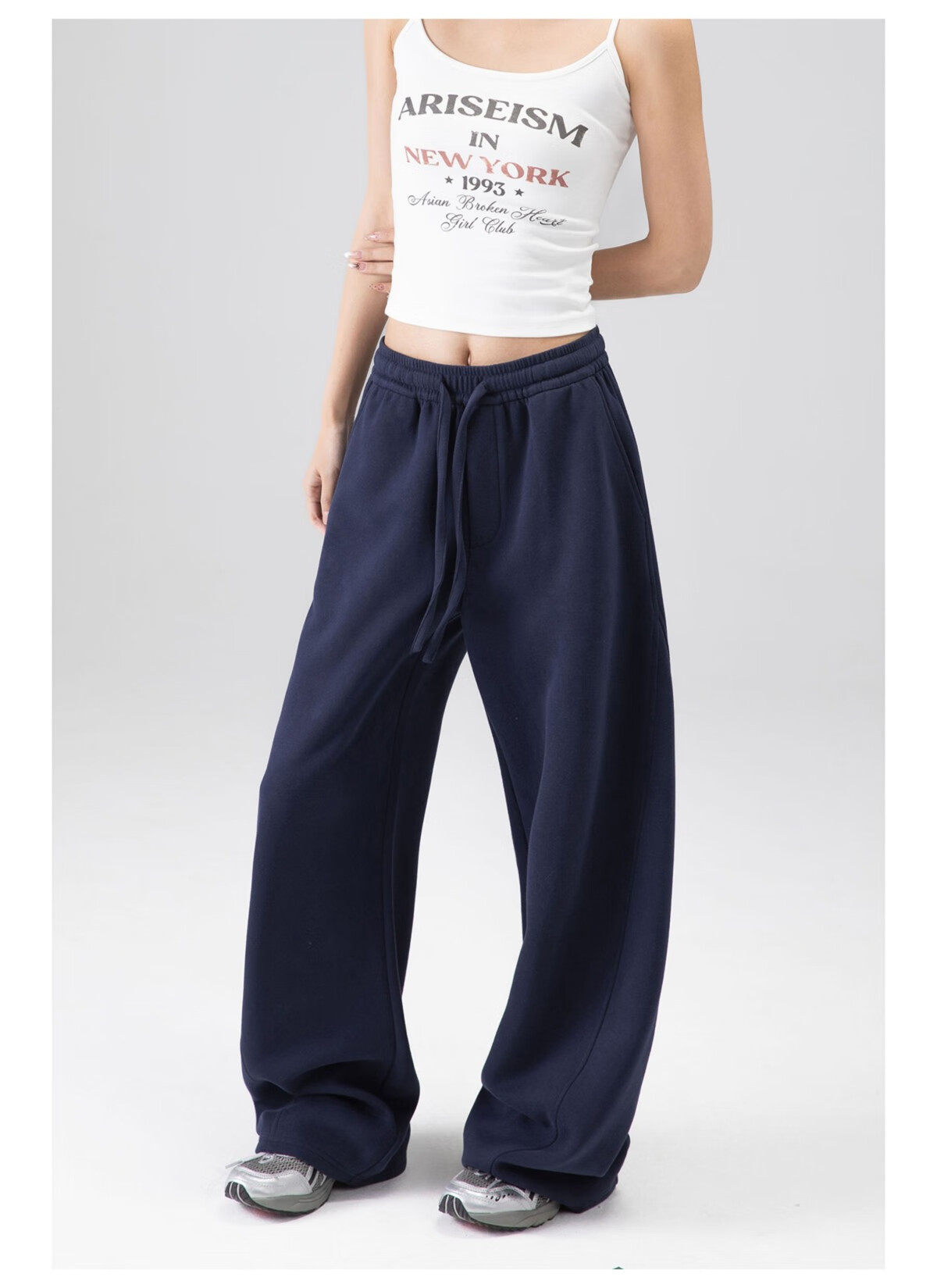 ICH MODE Women's American Style Sweatpants Sports Pants Spring Autumn New Loose Wide-Leg Casual Pants Curved Cut Navy Blue L 17
