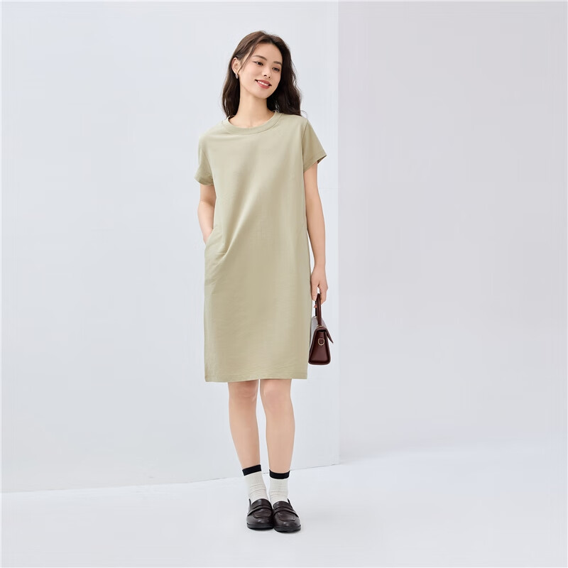 Giordano Women's Cotton Solid Color Semi-Circular Pocket Round Neck Short-Sleeve T-Shirt Dress 05465463