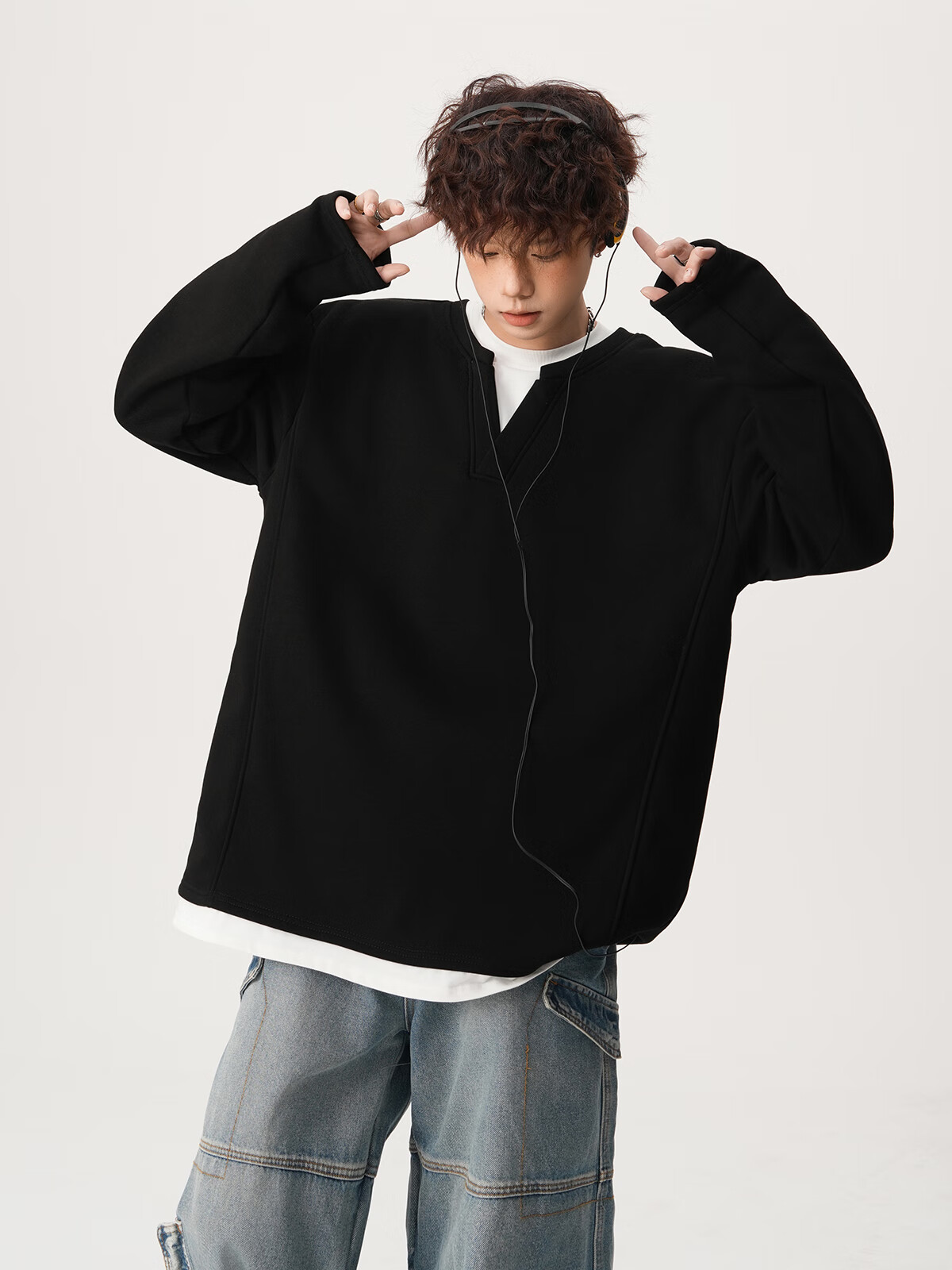 Foss Phil Men's Fake Two-Piece Long Sleeve Sweatshirt Autumn Winter Loose Fit Basic T-Shirt HT25764 Black 3XL 15