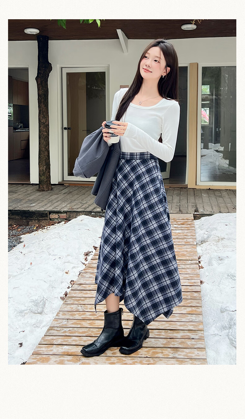 BOPRUIEY Vintage Plaid Irregular Women's Skirt 2025 New Autumn Winter A-Line Casual Mid-Length Skirt 24