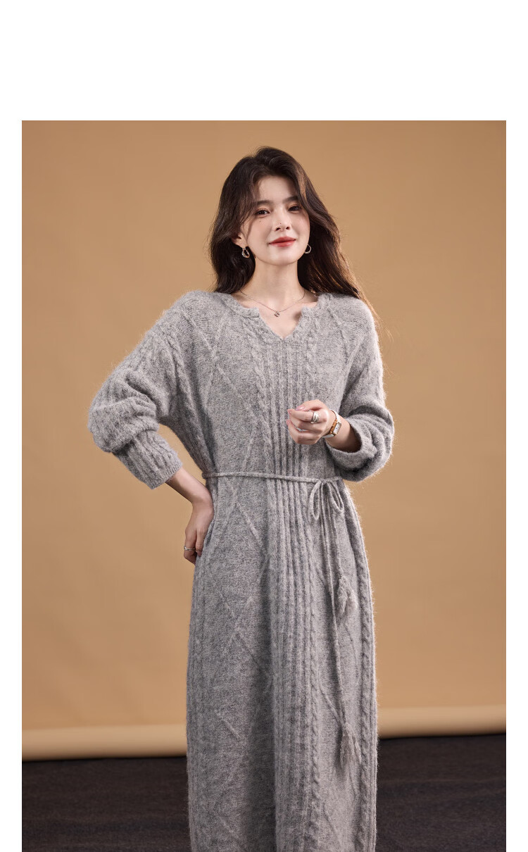 Demana "Lianlian Warm Breeze" Winter Elegant Cable Knit V-Neck Tassel Waist Sheep Wool Women's Dress 10