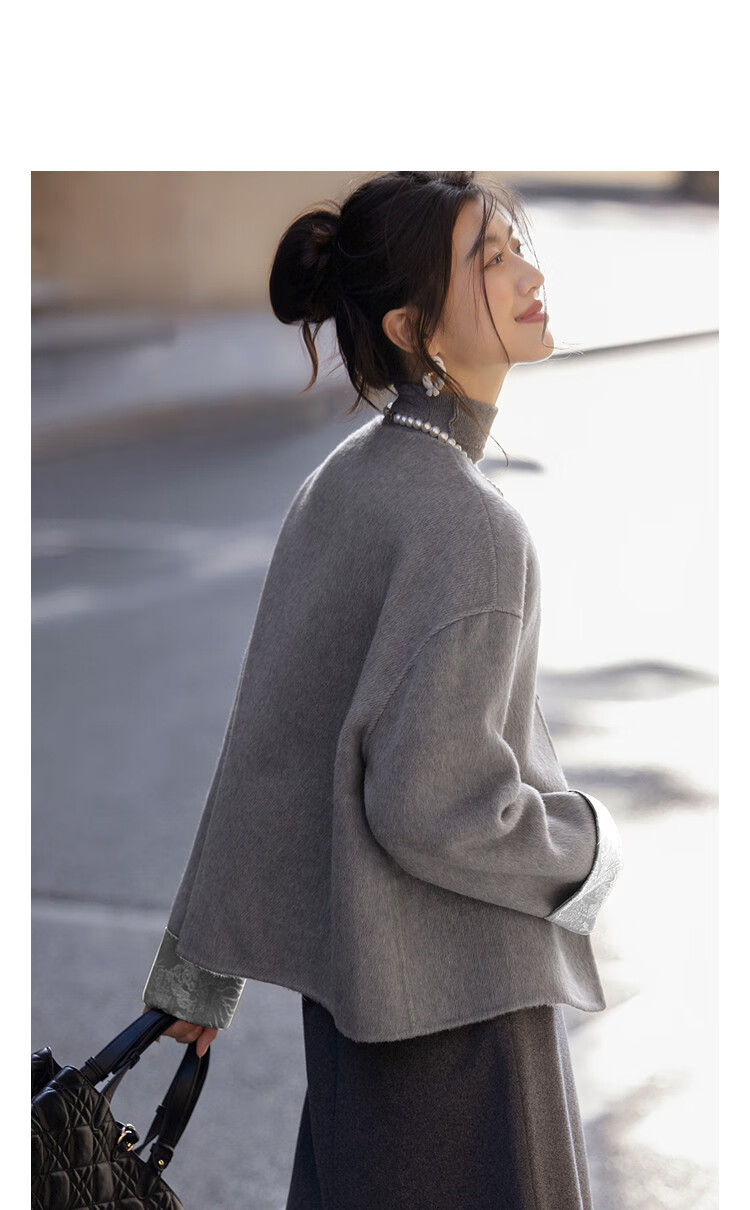 Demana Wool and Mulberry Silk Blend Double-Sided Woolen Coat Winter Chinese Style Color-Block Loose Women's Jacket 2