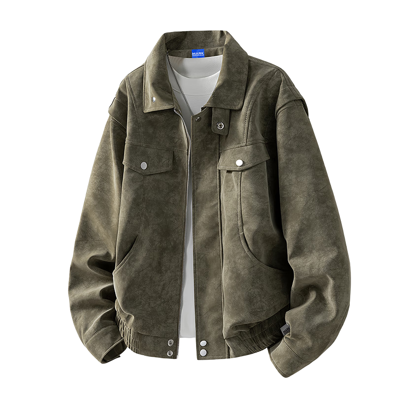 MARK FAIRWHALE Men's Turn-down Collar Jacket Autumn New Trendy Casual Retro Workwear Leather Coat Men's Outerwear Bean Green XL