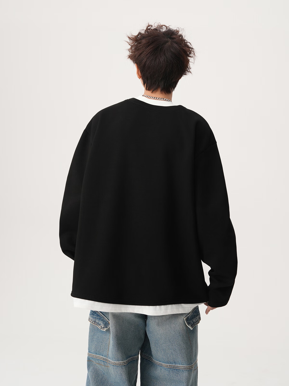 Foss Phil Men's Fake Two-Piece Long Sleeve Sweatshirt Autumn Winter Loose Fit Basic T-Shirt HT25764 Black 3XL 17
