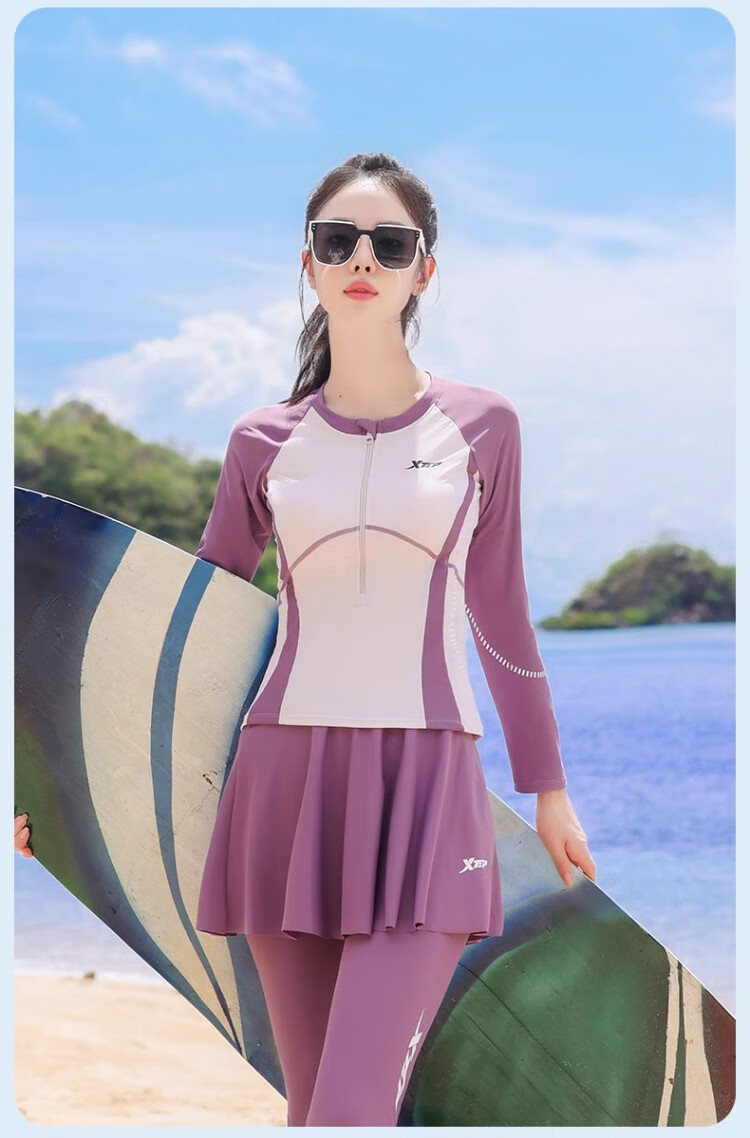 Xtep Women's Swimsuit Three-Piece Set Long Sleeve Long Pants Conservative Sun Protection Plus Size Two-Piece Slimming Tummy Control Diving Surfing Suit 11