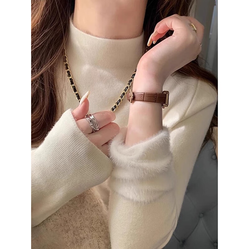 YUZHAOLIN Fleece-Lined Half Turtleneck Sweater Women Autumn Winter Thick Warm Base Layer White Knit Top Black