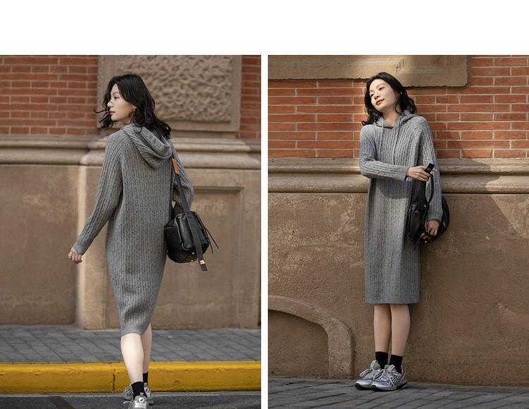 Demana Baby Skin Touch Spring Korean Style Hooded Cable Knit Loose Fit Mid-Length Dress for Women 9