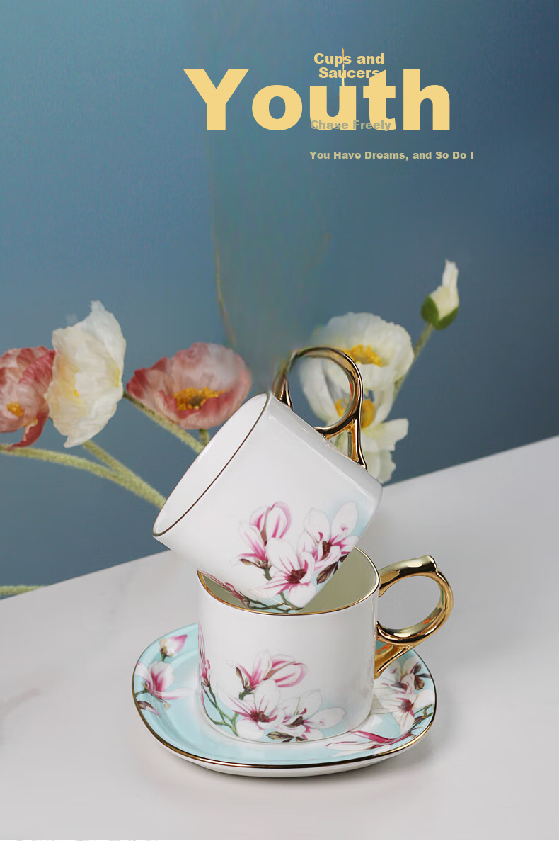 HG Guoci Bone China Coffee Cup And Saucer Set, European High-End Afternoon Tea Cup with Spoon, Premium Wedding Gift Fanghua 1
