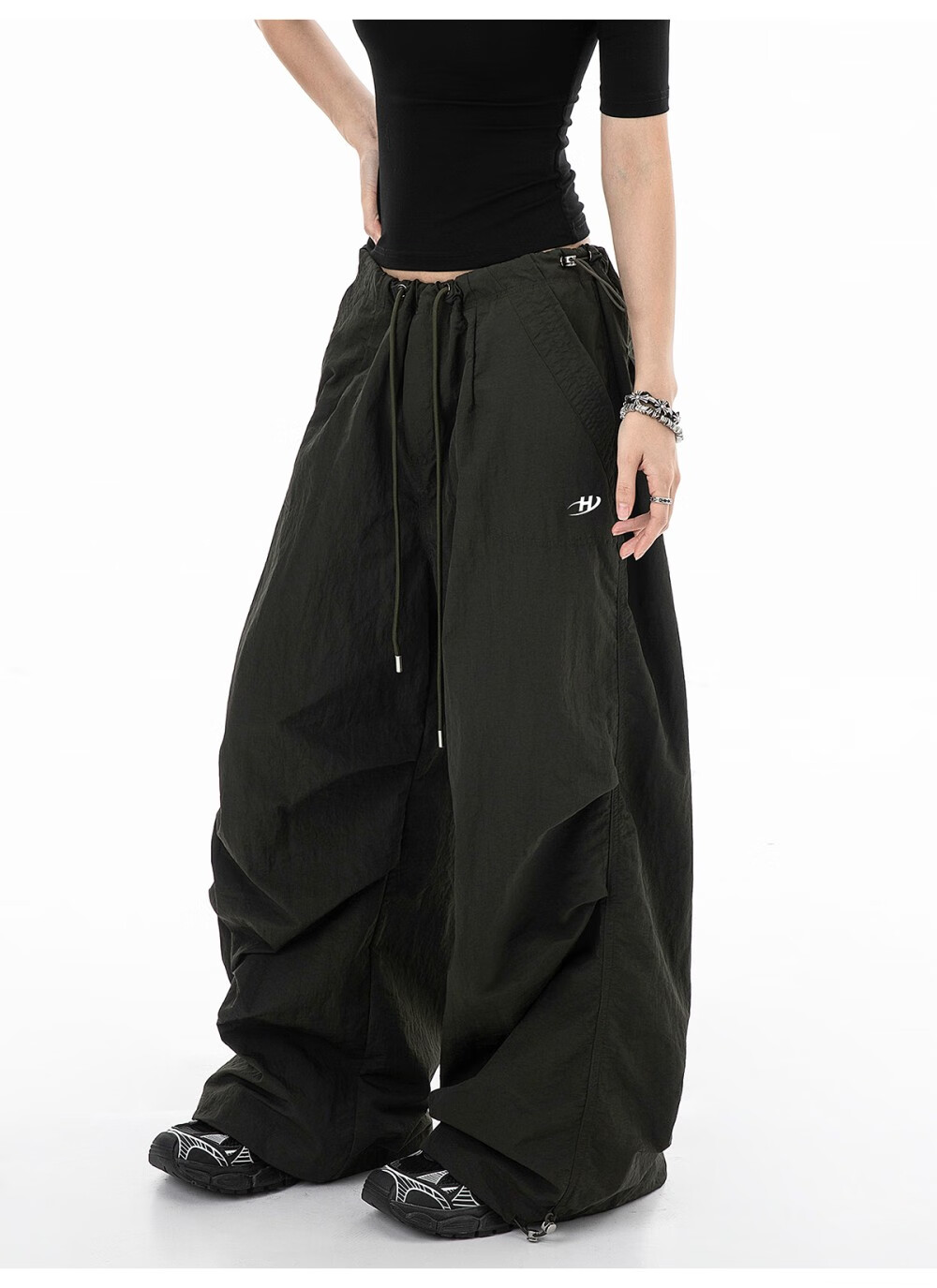 ICH MODE Women's American Style Paratrooper Cargo Pants Drawstring Sports Pants Straight Loose Wide-Leg Casual Pants Green M 7