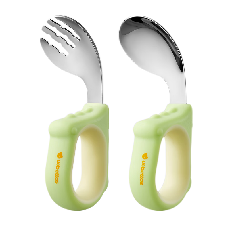 Betis Baby Spoon and Fork Training Set for Self-Feeding, Toddler Tableware Set, Spring Tea Green