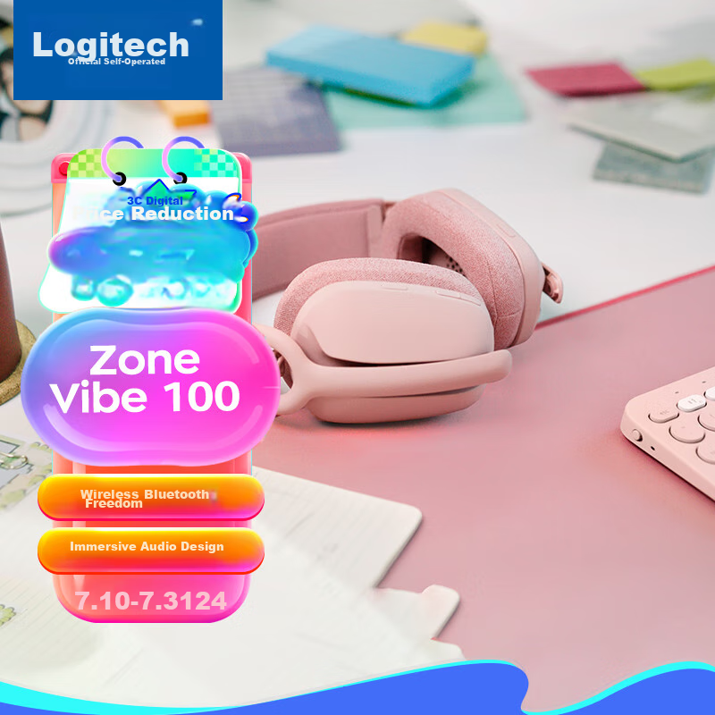 Logitech Zone Vibe 100 Bluetooth Headphones for Music, Office, And Casual Use with Microphone, Pink (A00167)