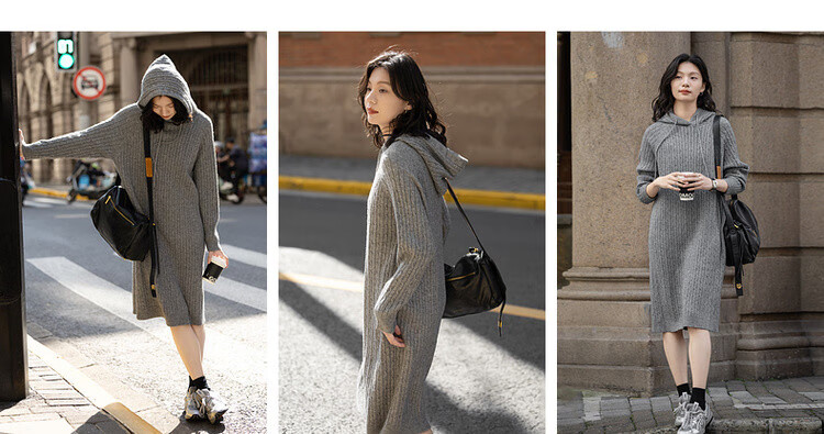 Demana Baby Skin Touch Spring Korean Style Hooded Cable Knit Loose Fit Mid-Length Dress for Women 4
