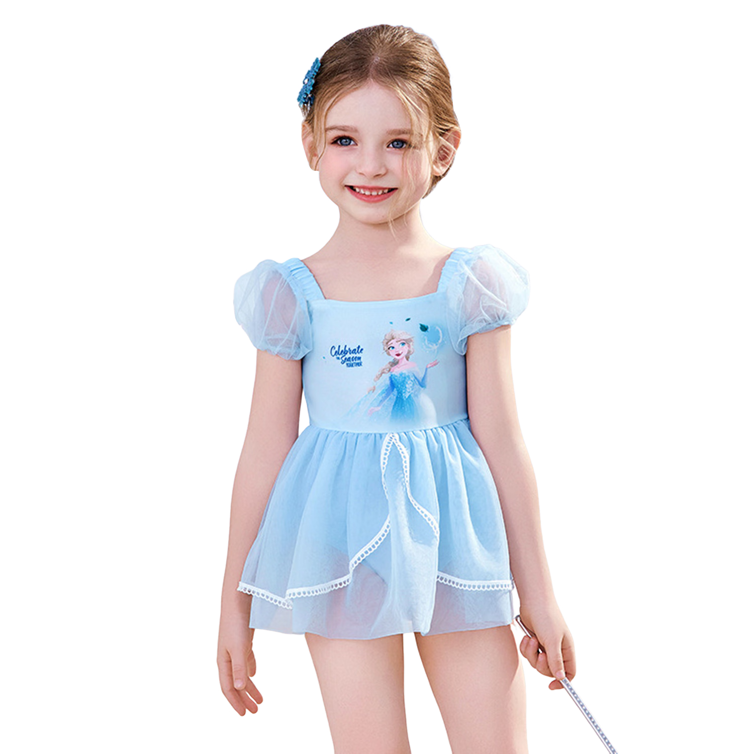 Dishini Girls' One-Piece Swimsuit Dress with Elsa Design for Children's Swimming And Sun Protection, Suitable for Hot Springs And Swimming Pool, Class A Swimwear D35044 Ice Blue 110
