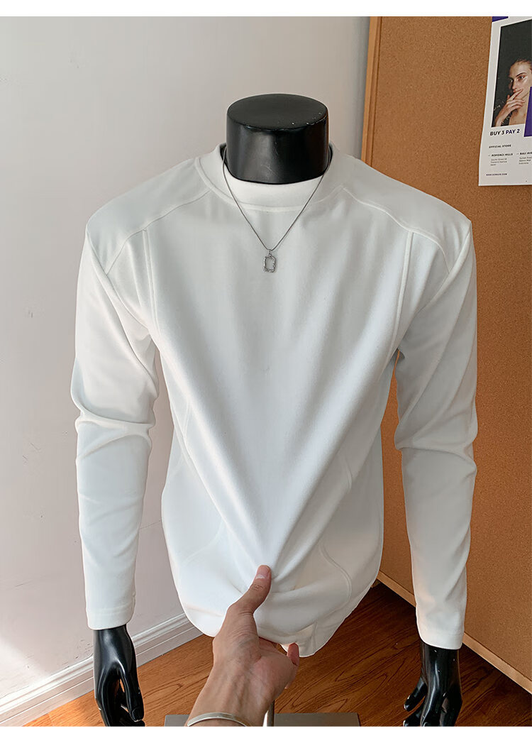 CLOR Patchwork Double-Sided Velvet Long Sleeve T-Shirt Men Spring Autumn Warm Pullover Crew Neck Base Layer CXT06 Black L 8