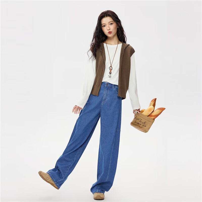 Giordano Women's Relaxed Wide-Leg Heavy Washed High-Waist Denim Banana Pants 05415682