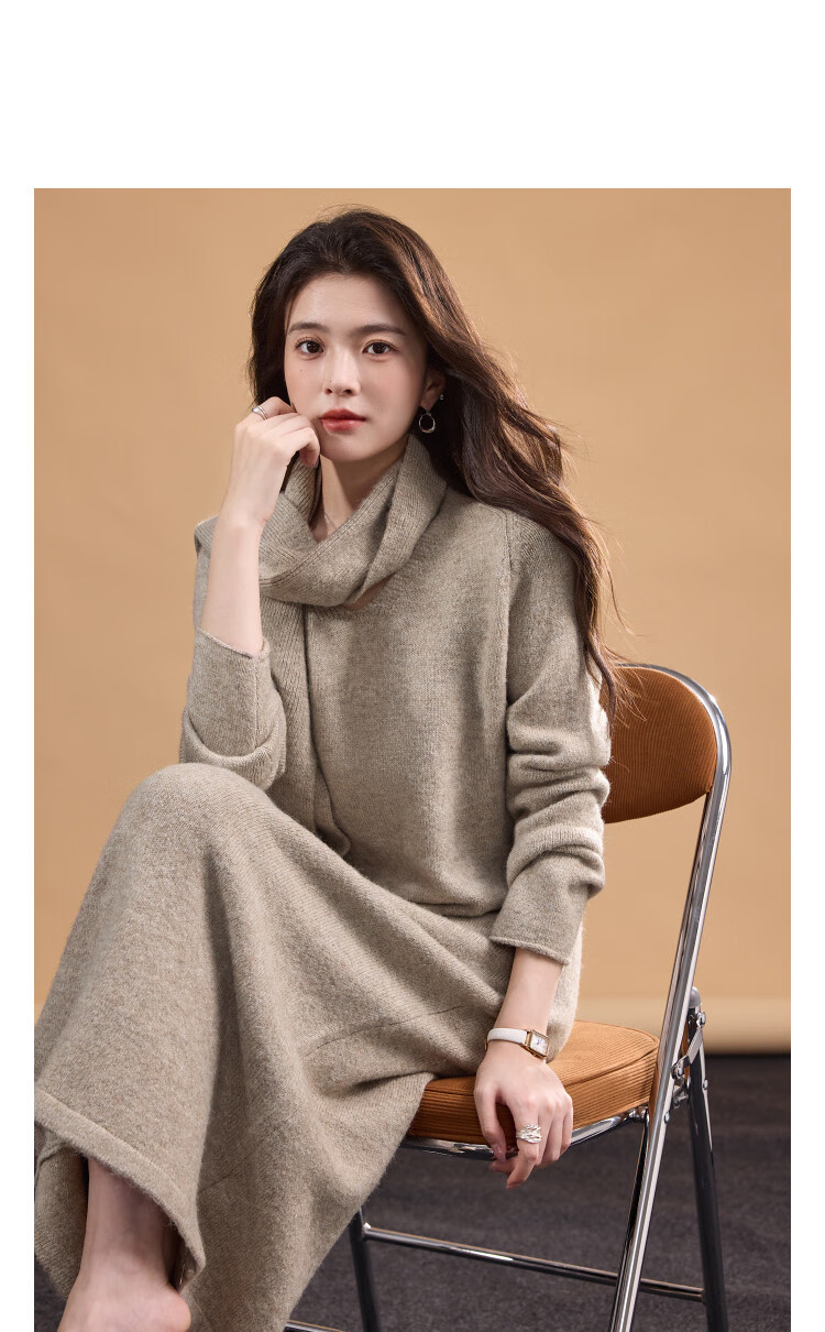 Demana Removable Scarf Winter Elegant Light V-Neck Wool Blend Straight Knit Mid-Length Dress for Women 14