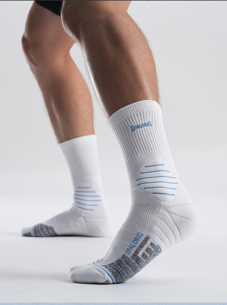 SPALDING Men's Mid-Calf Basketball Socks Cushioning Thickened Terry Anti-Slip Warm Youth Sports Socks Classic White 6