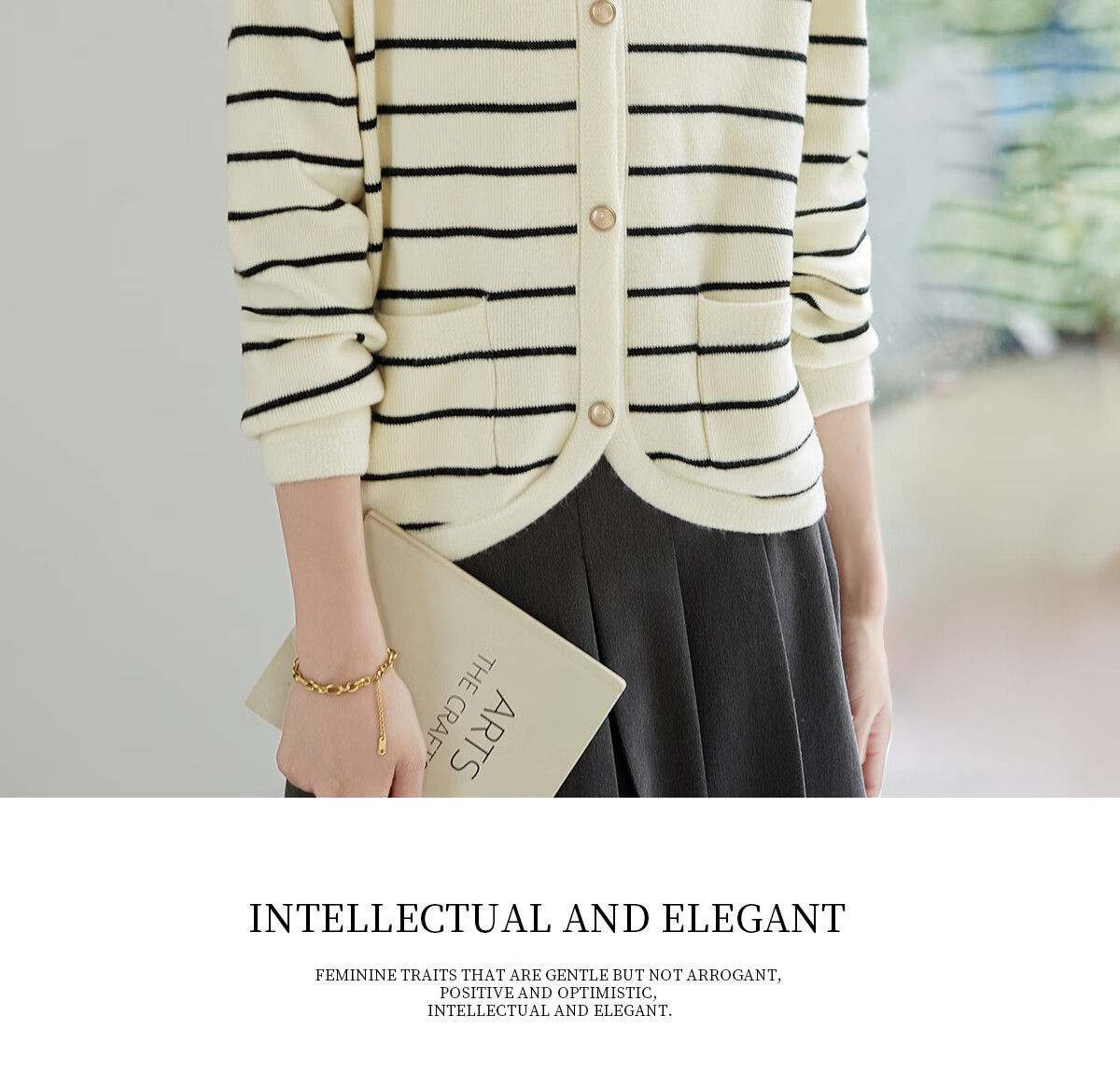 Chushen Spring And Autumn Knitted Cardigan for Women, Versatile Round Neck Fashionable Striped Curved Hem Sweater Jacket Top S143Z1032 12