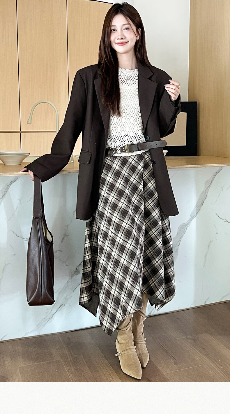 BOPRUIEY Vintage Plaid Irregular Women's Skirt 2025 New Autumn Winter A-Line Casual Mid-Length Skirt 2