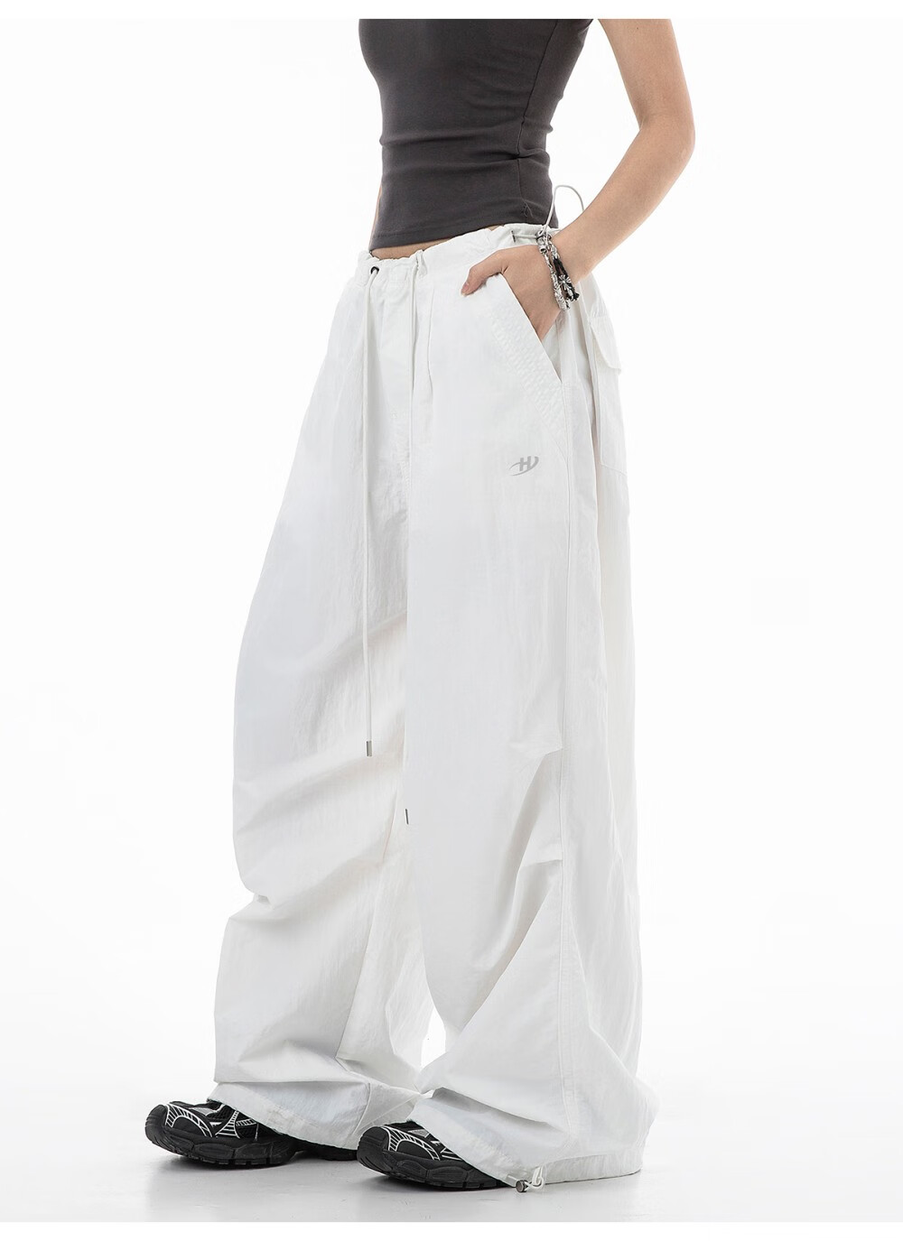 ICH MODE Women's American Style Paratrooper Cargo Pants Drawstring Sports Pants Straight Loose Wide-Leg Casual Pants Green M 16