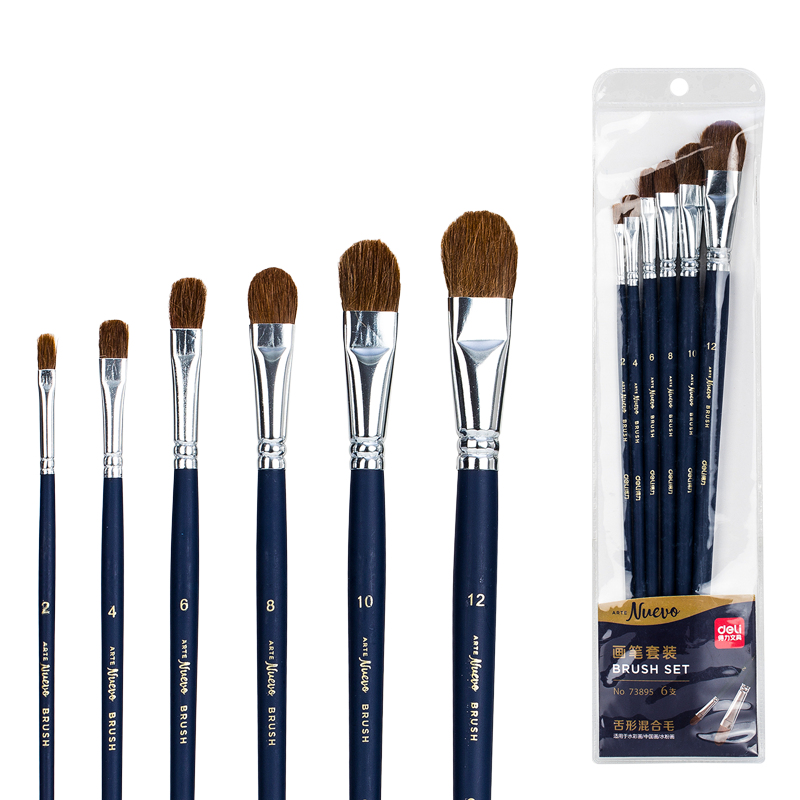 Deli , 6 Pieces (2#, 4#, 6#, 8#, 10#, 12#), Gouache Paint, Watercolor Paint, Acrylic Paint, Art Brush Set, 73895, Graduation Gift