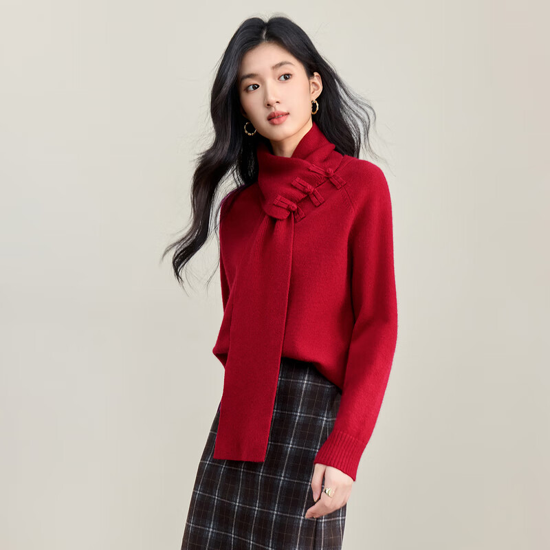 Sentubila Women's Wool Blend Stretch Sweater Autumn Warm Scarf Collar Button Long Sleeve Knit Loose Chinese Style Top