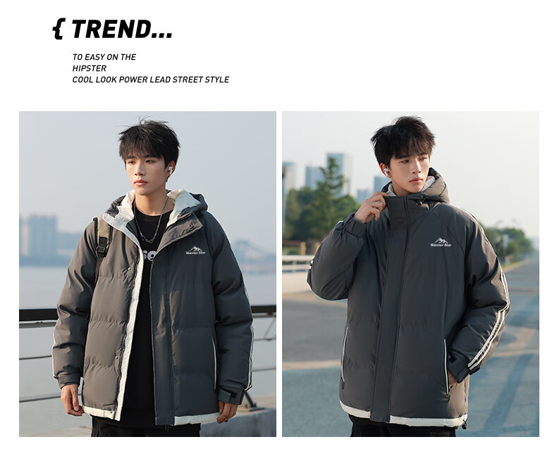 Warrior Men's Cotton Padded Jacket Autumn Winter Hooded Solid Thick Warm Outdoor Cold-Resistant Trendy Puffer Coat 10