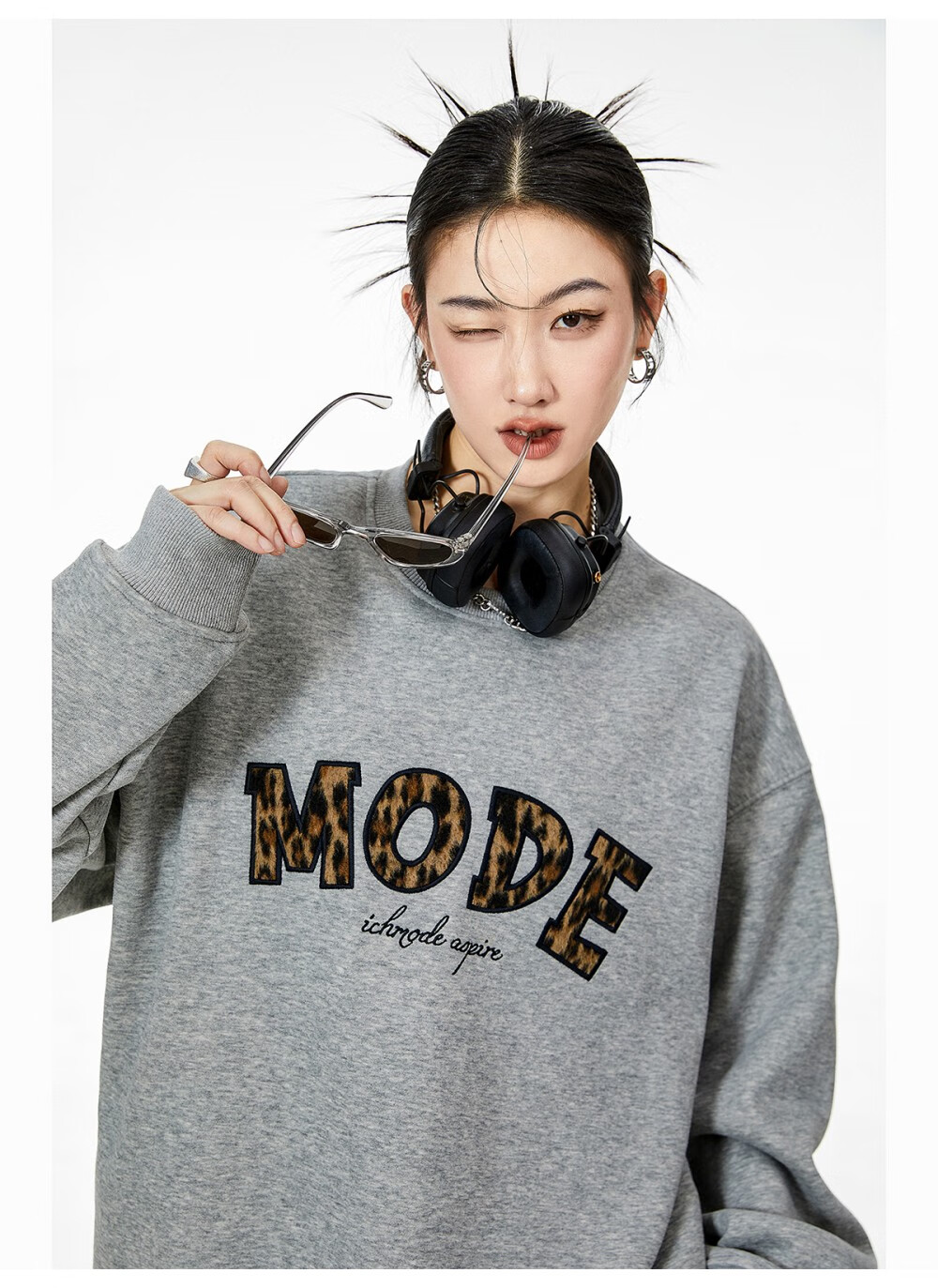 ICH MODE American Style Gray Crewneck Sweatshirt Women 2026 Spring New Loose Casual Jacket Top Light Gray S 1