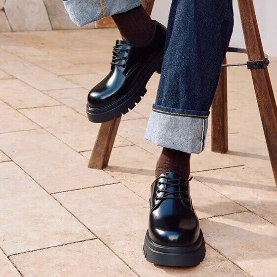 Red Dragonfly Big Head Leather Shoes New Round Toe Black Work Shoes Commuter Thick Sole Height Increasing Leather Shoes WTA35004 Black 39