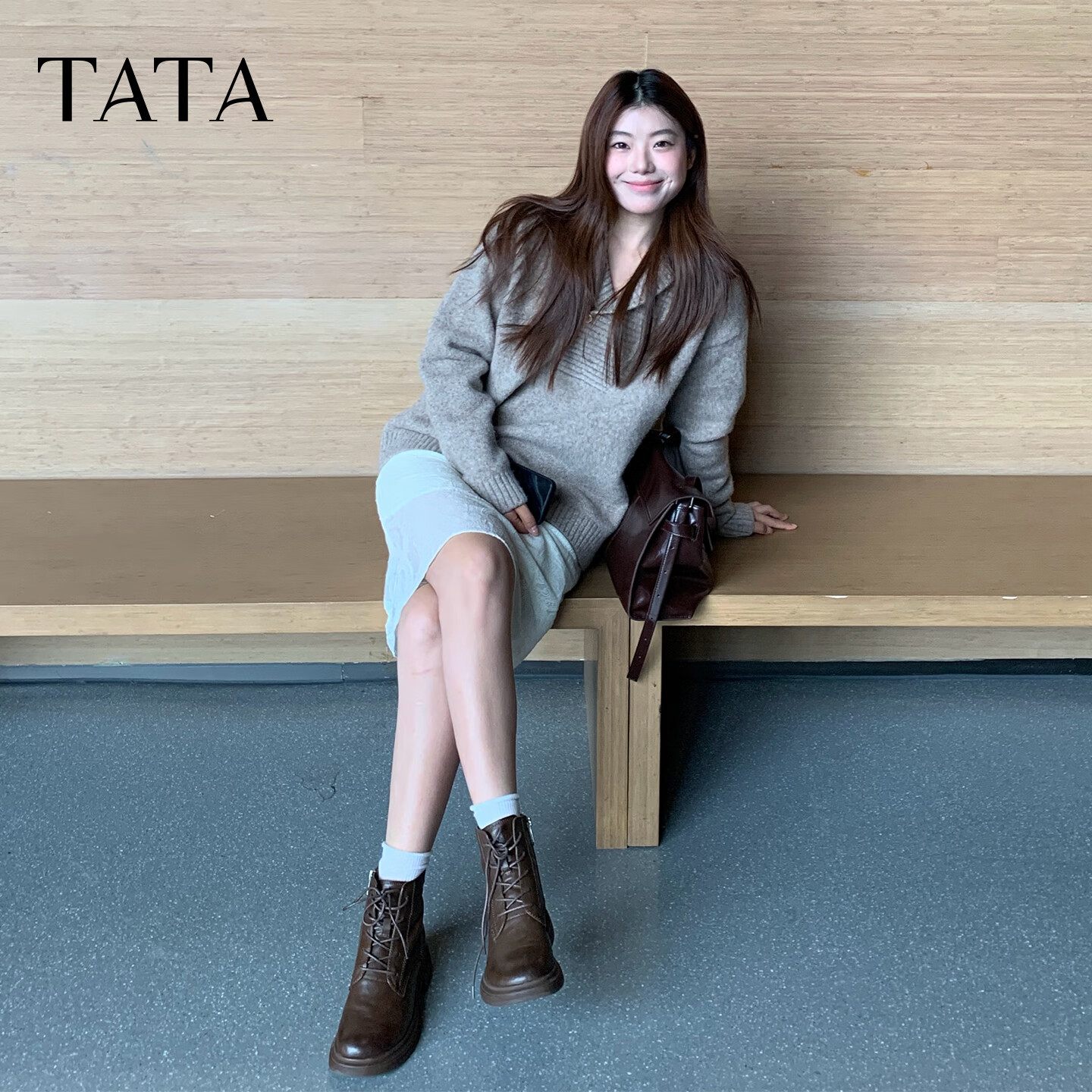 TATA 2025 Winter Fashion Thick-Soled Martin Boots Women's Short Boots Casual Brown (Single Lining) Size 36