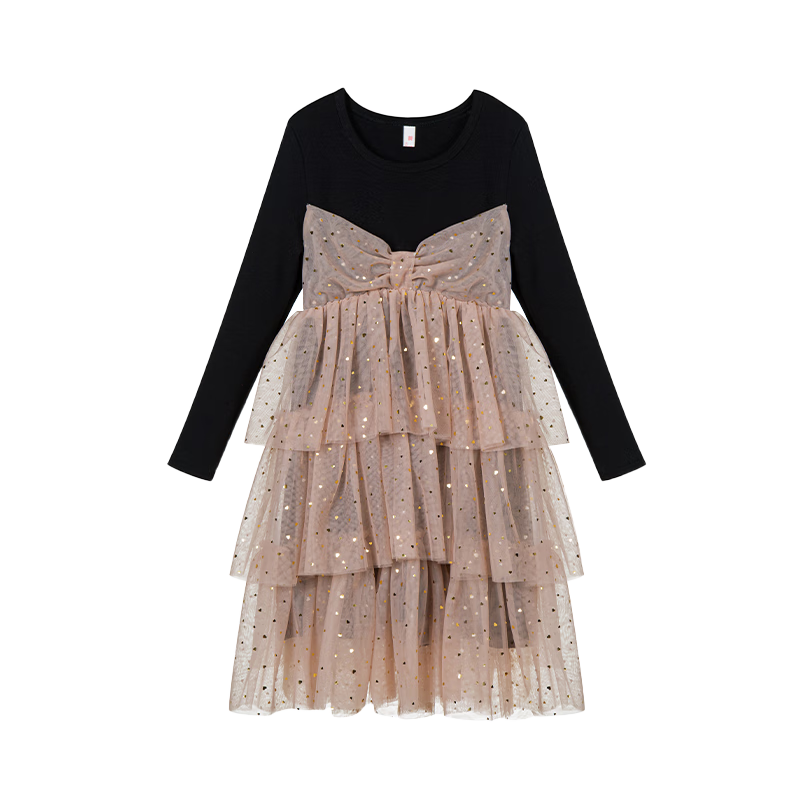 Fulomi Girls' Dress Children's Princess Dress Knitted Mesh Splice Skirt Black Apricot 120