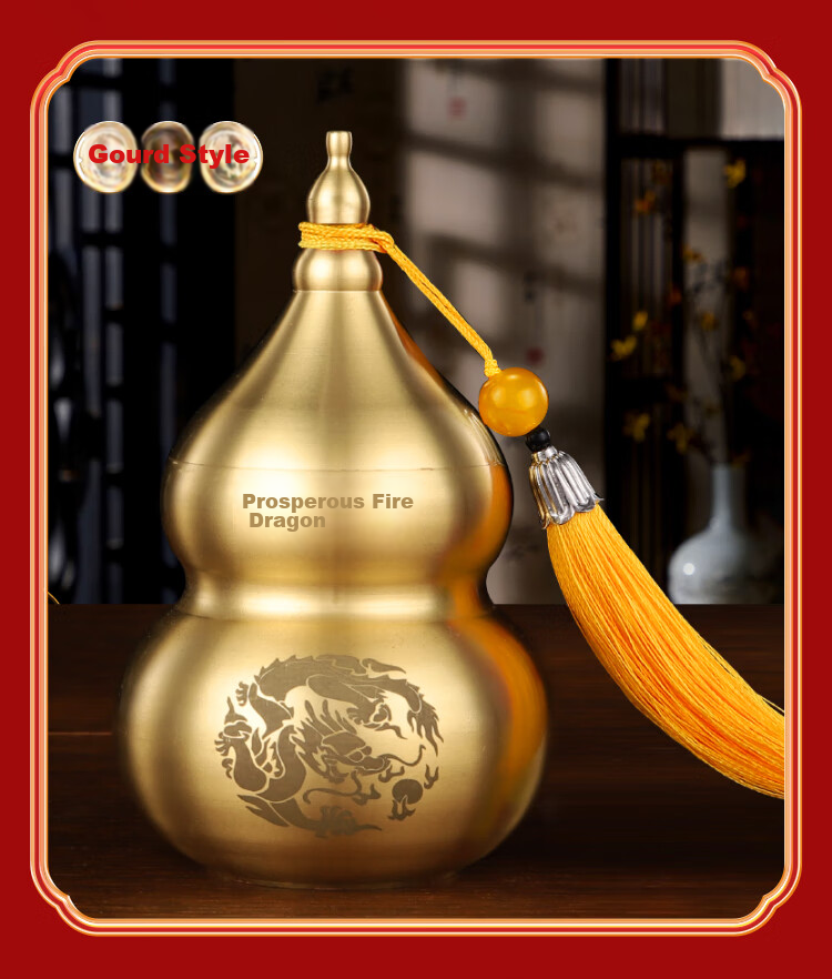 Binyue Fire Dragon Vase with Yellow Sand And Wudi Coins, Kitchen Corner North-West Fire Pot Copper Gourd Ornament 8