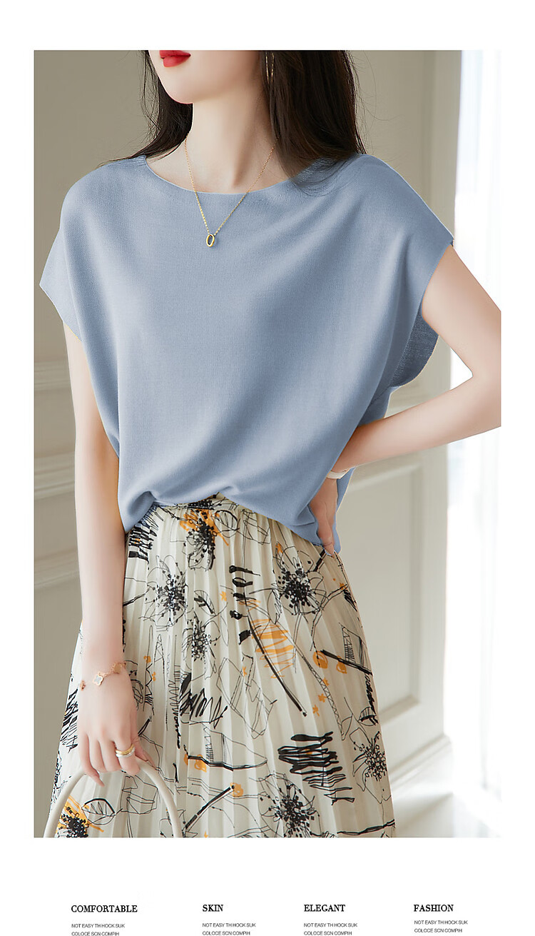 Dme [One-Neck Sweater] Summer Elegant Batwing Sleeve Short-Sleeve Knit Top for Wome 3