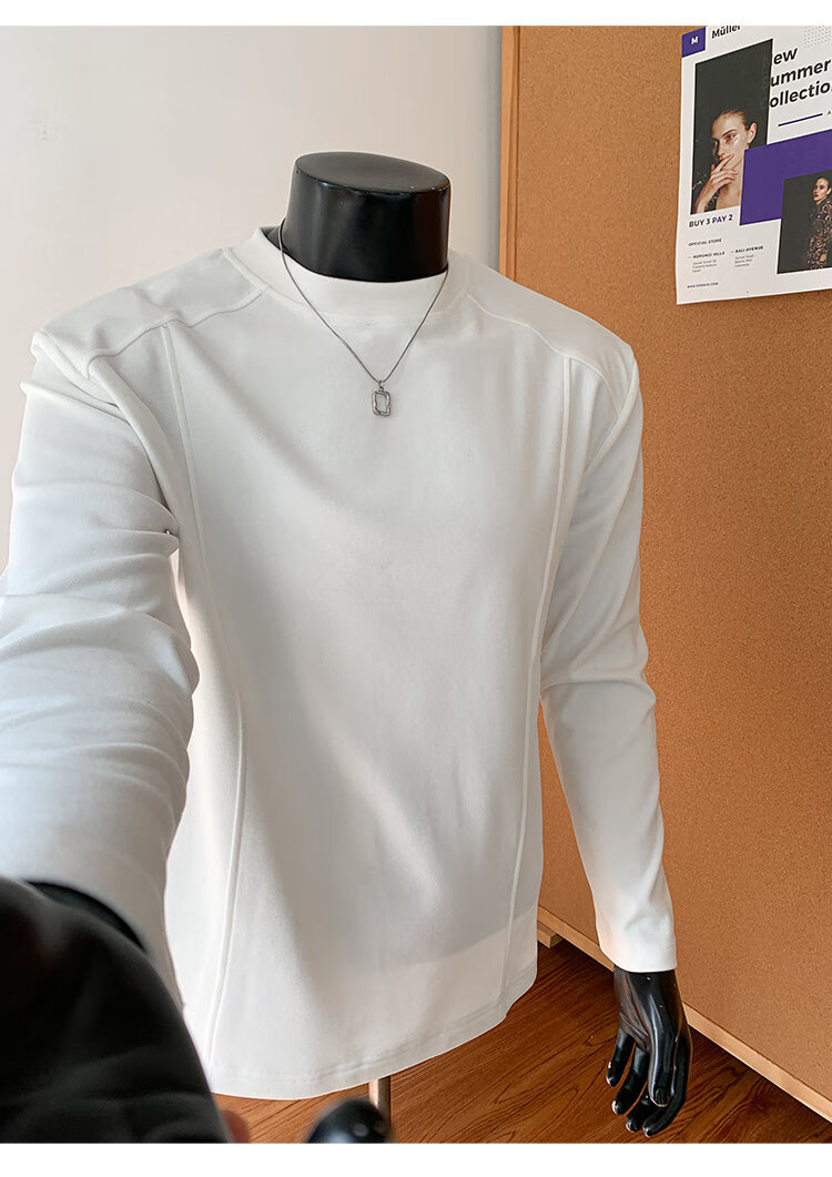 CLOR Patchwork Double-Sided Velvet Long Sleeve T-Shirt Men Spring Autumn Warm Pullover Crew Neck Base Layer CXT06 Black L 9