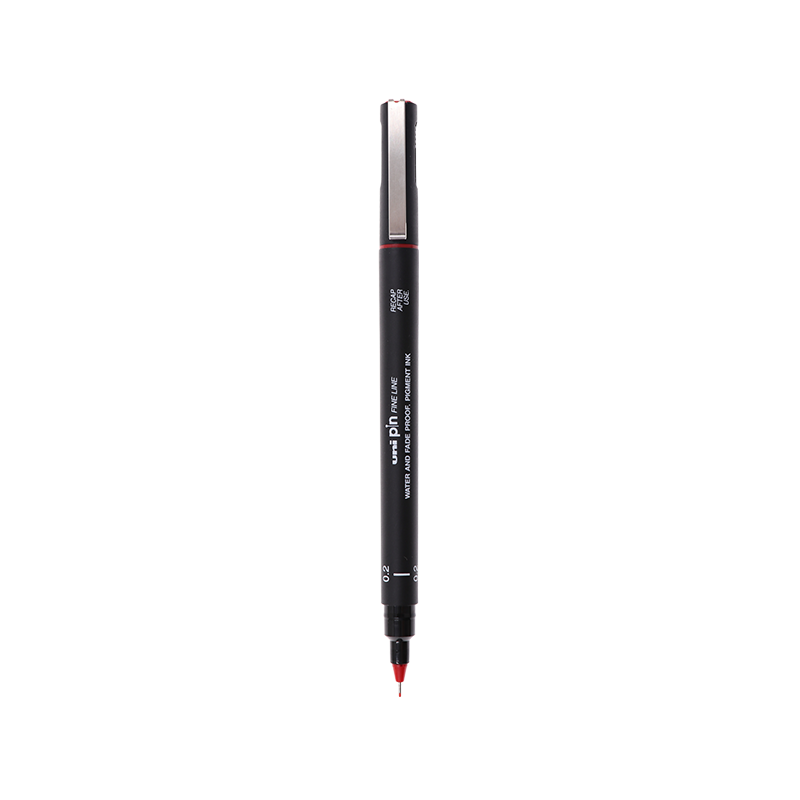 Uni Mitsubishi 0.2mm Water-Based Drawing Needle Pen, PIN-200 Art Design Outlining Pen, Black Barrel with Red Tip, Single Pe