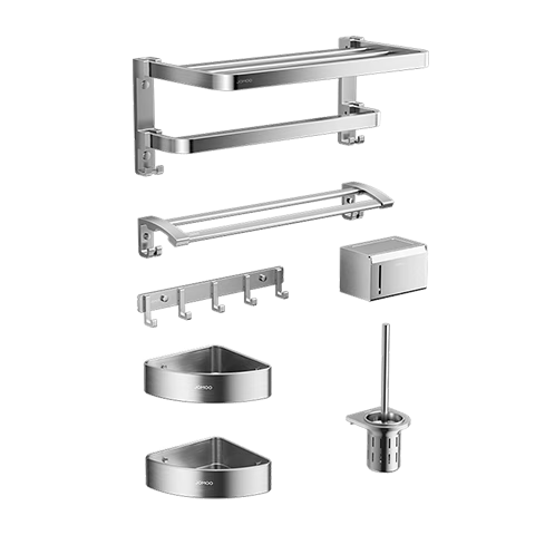 JOMOO Bathroom Storage Rack, Towel Holder, No Drilling Required, Double Folding Hanger, Space Aluminum, 7-Piece Set, 93058