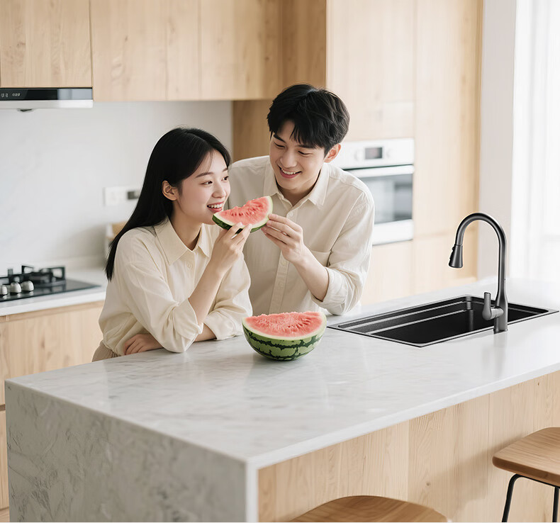 JOMOO Magician Kitchen Sink 304 Stainless Steel Large Single Bowl Black Titanium Forged Texture Narrow Edge Undermount Sink 13