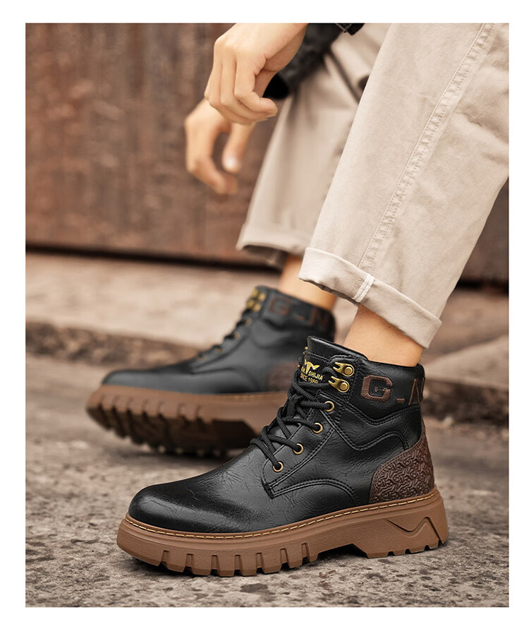Bull Family Martin Boots Men 2026 Winter New Versatile Work Boots Men's Thick Sole High Top Leather Outdoor Hiking Shoes Men 13
