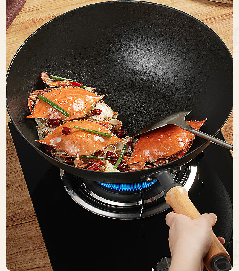 COOKER KING Iron Wok, Handmade Cast Iron Frying Pan, Traditional Non-Heritage Mud Film Cast Pan, Flat Bottom Pan, 32cm FY32NMP 1