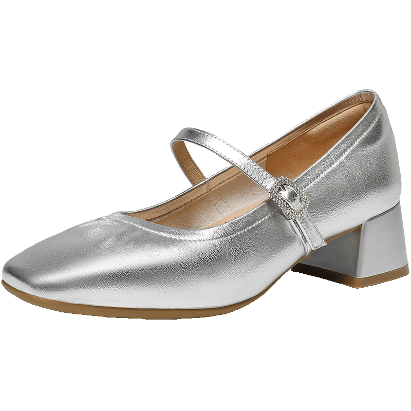 Belle Commuter Mary Jane Women's Autumn 2025 New Lambskin Leather Flats B2697CQ5 Silver - Rhinestone Buckle Strap Size 37