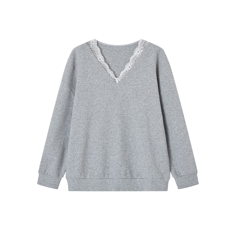 Dme Spring Korean Style Lace Splice V-Neck Drop Shoulder Long Sleeve Petite Sweatshirt for Women with Bouncy Air Layer