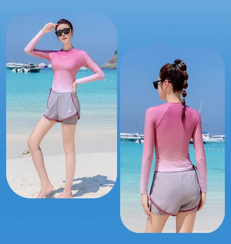 Xtep Women's Two-Piece Gradient Long Sleeve Conservative Student Swimsuit Slimming Vacation Beachwear 13