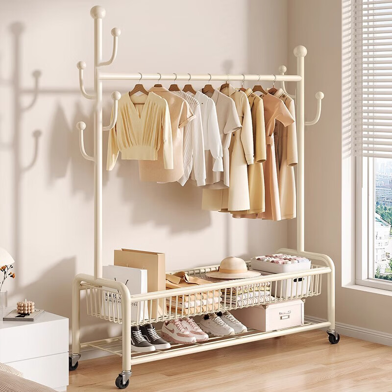 Xiangzhubian Double-Layer Floor Standing Coat Rack Clothes Hanger for Bedroom Balcony Living Room Storage Organizer 100cm